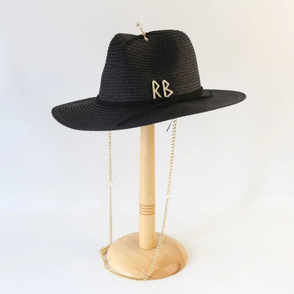 Fashionable Metal RB Letter Straw Hats for Women Men Summer Outdoor Holidays Beach Sun Hat Straw Hats for Women Fashion Panama