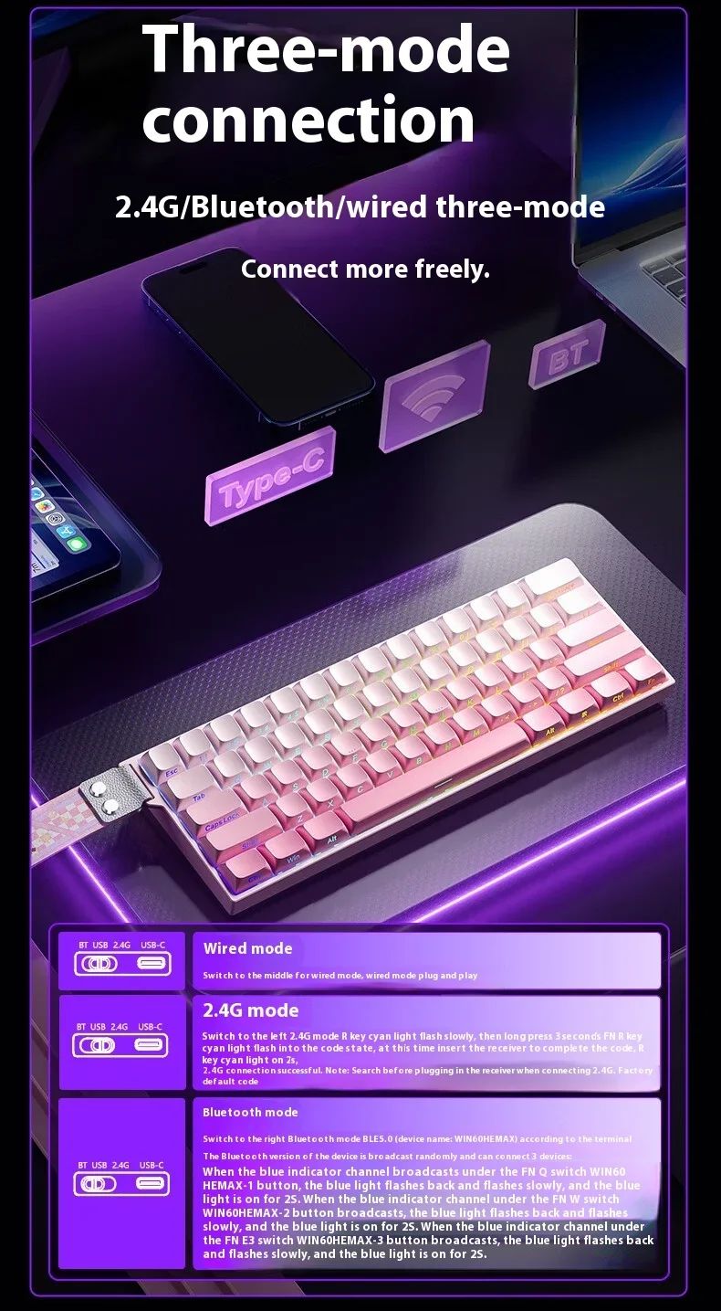 Teclado AULA Mini60 HE Magnetic Switch RGB Tri Mode Sem Fio Mecânico 8000Hz 0.01mmRT Teclado Gamer Presentes para Gamers
