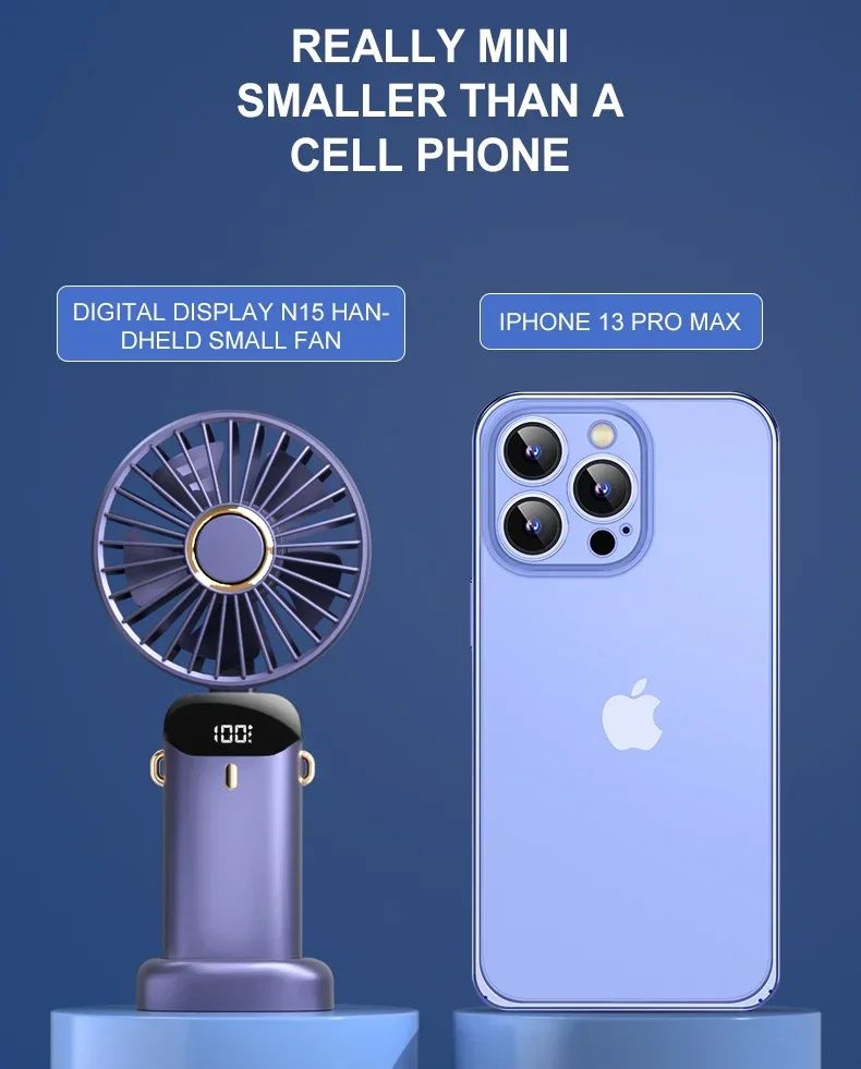 Portable Handheld Mini Fan Foldable Neck Hanging Fans 5 Speed USB Rechargeable Fan with Phone Stand and Display Screen 1800mAh
