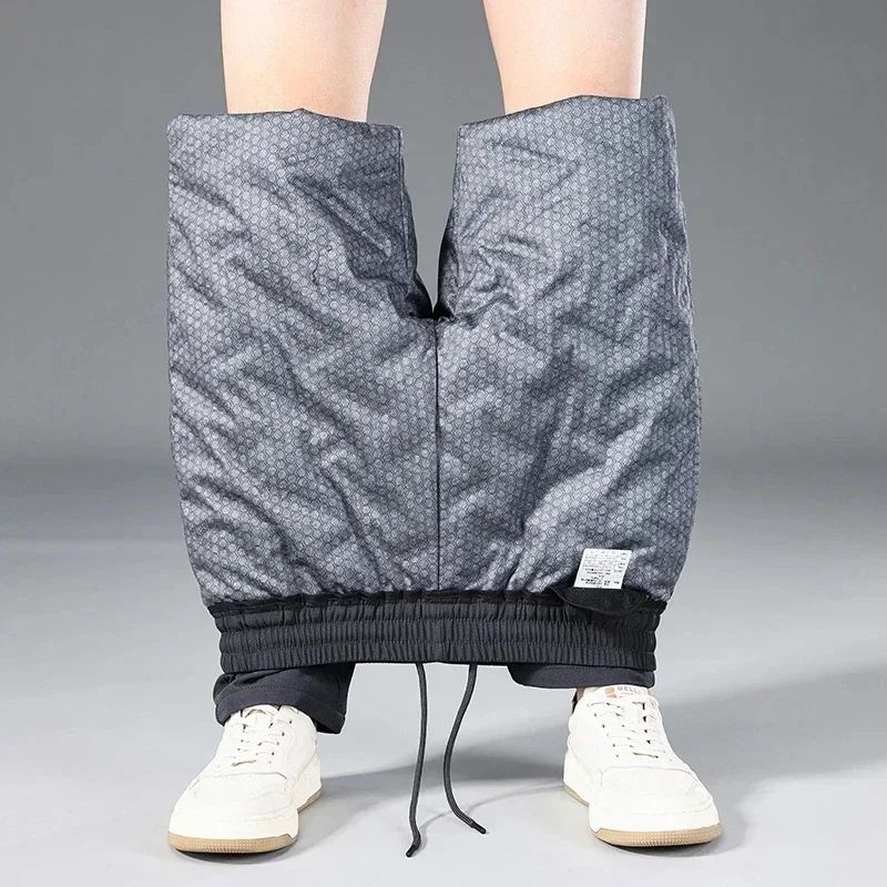 Calça Masculina de Inverno de Pena de Ganso Cintura Elástica Roupa Externa Calça de Pena Casual À Prova de Frio Nova Calça Reta Quente e Engrossada de Inverno