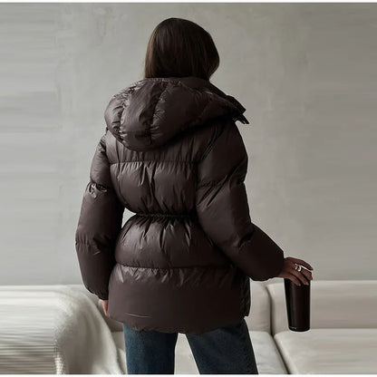 Glossy Shiny Women 's Down Jackets Vintage Hooded Zipper Puffer Full Sleeve Jackets For Woman 2025 Woman Winter Coats Outwears