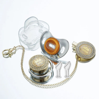 Miyocar Bling Custom Pink Brave Lion Pacifiers Bring 3 Replacement Silicone Teat Include All Size for Boy Girl Baby Shower Gift