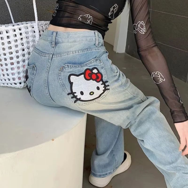 New Hello Kitty Wide Leg Pants Women's Spring Girl China-Chic Embroidery Loose Skinny Straight Leg Denim Pants Straight Trousers