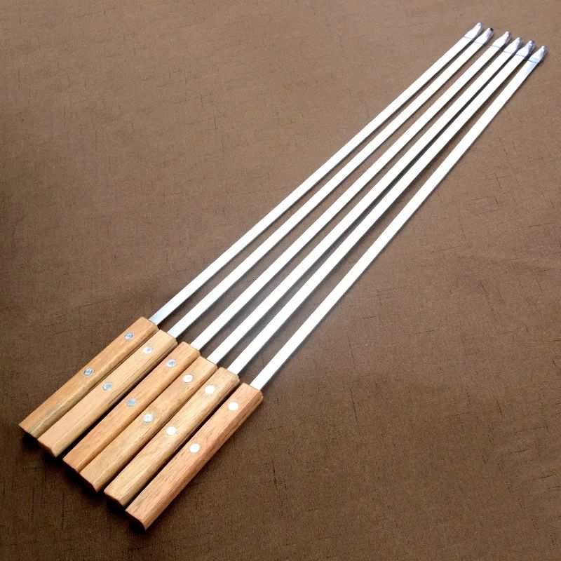 6Pcs/Set Barbecue Meat String Skewer Chunks of Meat Stainless Steel Natural Beech Handle Roast Stick for BBQ Outdoor Picnic
