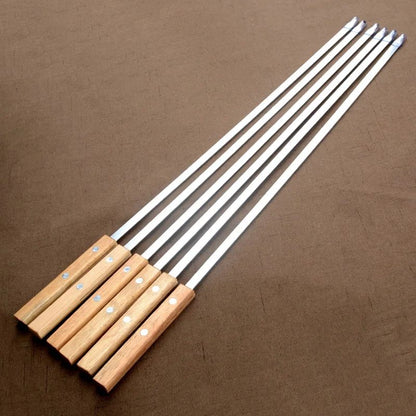 6Pcs/Set Barbecue Meat String Skewer Chunks of Meat Stainless Steel Natural Beech Handle Roast Stick for BBQ Outdoor Picnic