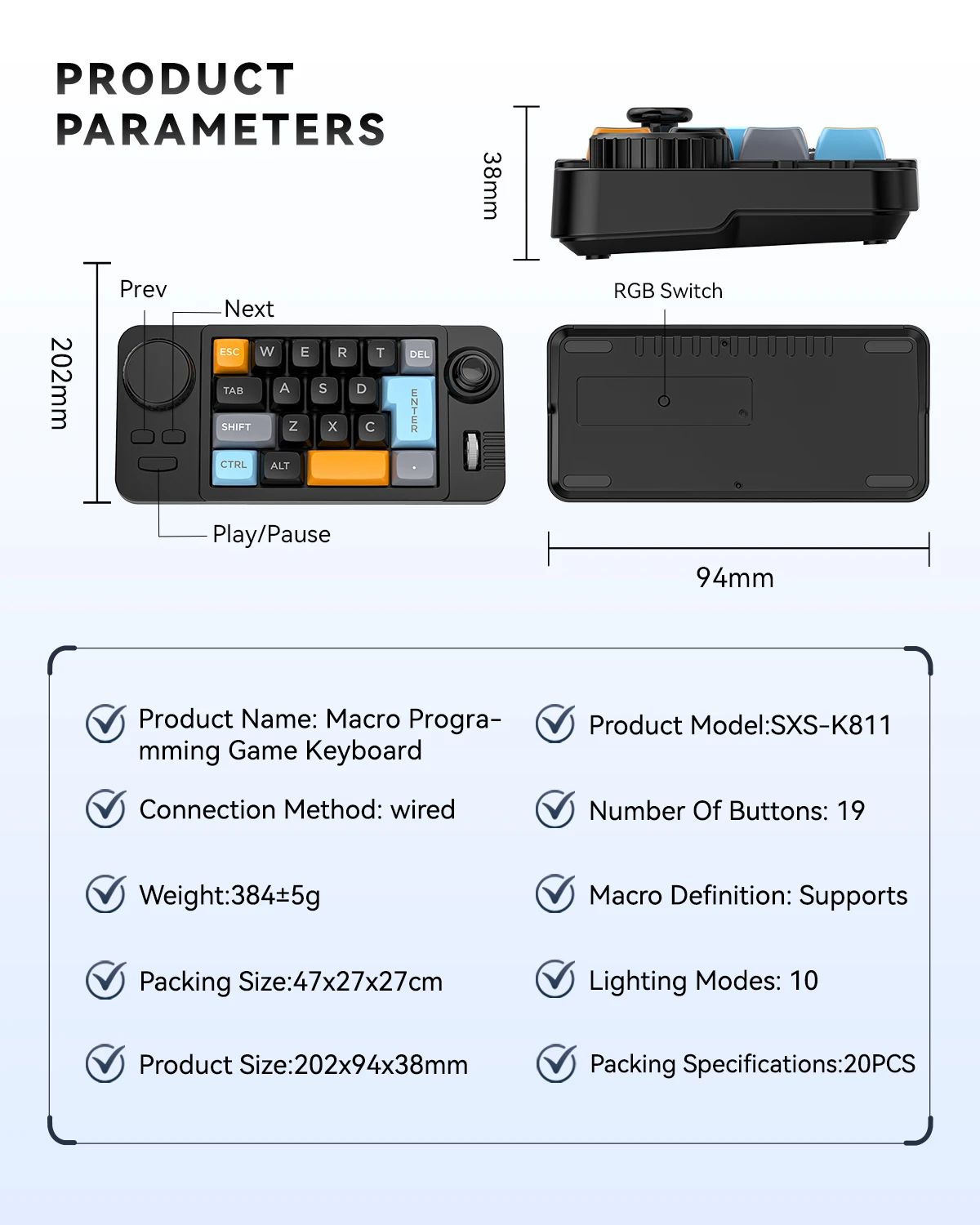Teclado Mecânico com Fio Hot-Swap com Scroll de Volume Joystick Teclado Numérico de 19 Teclas Programáveis para Computador Portátil Joystick com Macro Definida