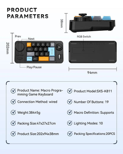 Teclado Mecânico com Fio Hot-Swap com Scroll de Volume Joystick Teclado Numérico de 19 Teclas Programáveis para Computador Portátil Joystick com Macro Definida