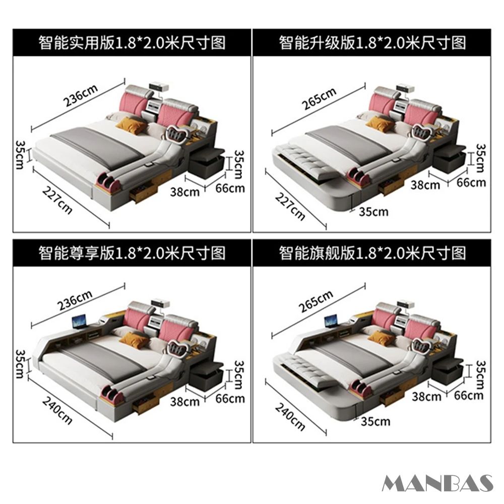 Linlamlim Ultimate Multifunctional Bedframe - Tech Smart Bed with Genuine Leather, Massage, Speaker, Projector, Air Purifier