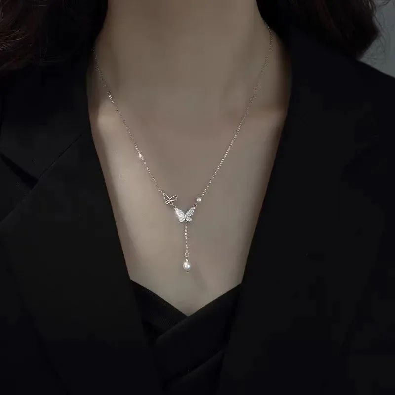 Colar Feminino com Pingente de Gota D'água com Borla em Aço Inoxidável Banhado a Ouro, Estilo Europeu e Americano, Corrente na Clavícula, Joia para Festa
