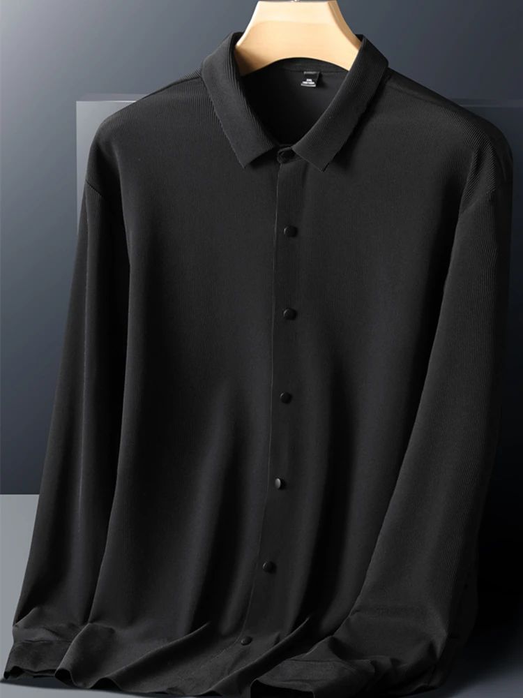 Stretch Elastic Stripe Men's Shirt Long Sleeve Classic Blouse Male Elegant Work Big Size Plus Large High Quality Ice Silk Social