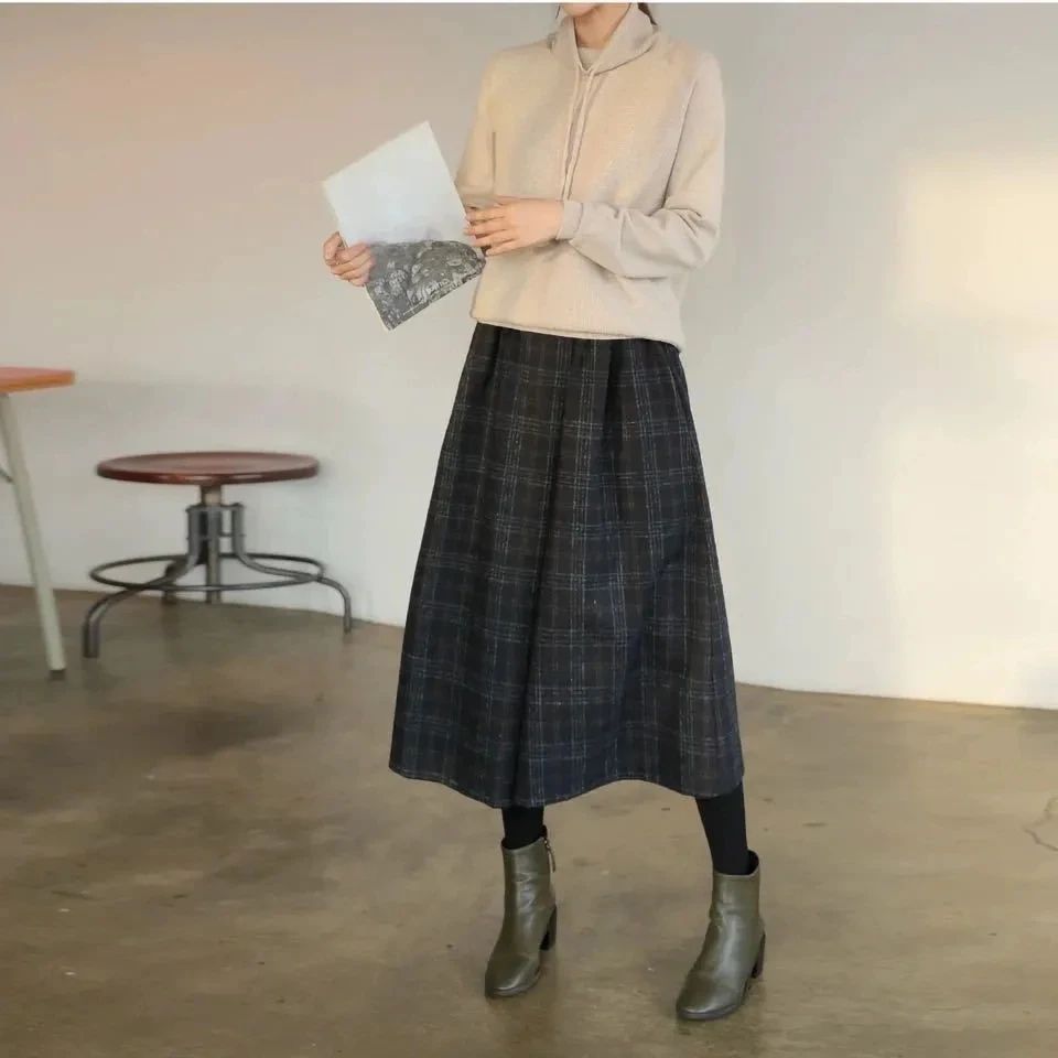 Women Elastic High Waist Woolen Pants Autumn Winter New Plaid Wool Wide Leg Pants Female Casual Loose Ankle-Length Skirts Pants