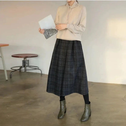 Women Elastic High Waist Woolen Pants Autumn Winter New Plaid Wool Wide Leg Pants Female Casual Loose Ankle-Length Skirts Pants