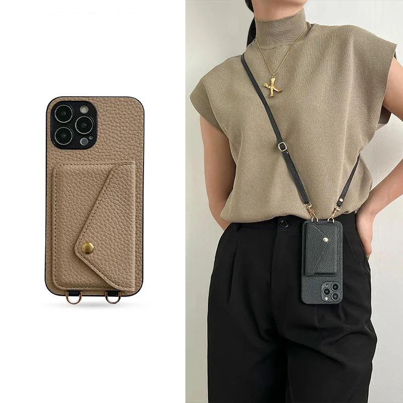 Capa de Couro com Alça Transversal e Suporte de Cartão para iPhone 17 Air 16 15 Plus 14 13 12 11 Pro Max