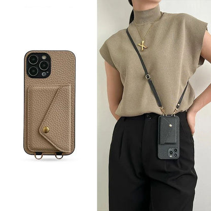 Capa de Couro com Alça Transversal e Suporte de Cartão para iPhone 17 Air 16 15 Plus 14 13 12 11 Pro Max