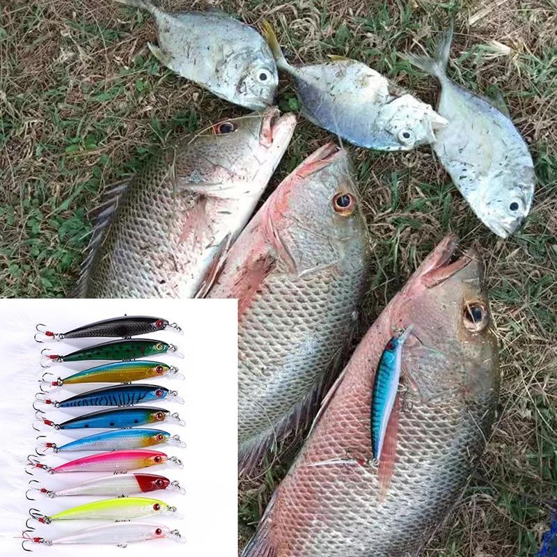 Isca de Pesca Laser Minnow 10/5 Peças Biónica Artificial 9cm/7g Isca Dura Flutuante com Anzol de Pena Wobbler Pesca para Baixo Lúcio