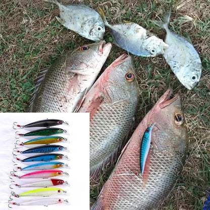 Isca de Pesca Laser Minnow 10/5 Peças Biónica Artificial 9cm/7g Isca Dura Flutuante com Anzol de Pena Wobbler Pesca para Baixo Lúcio