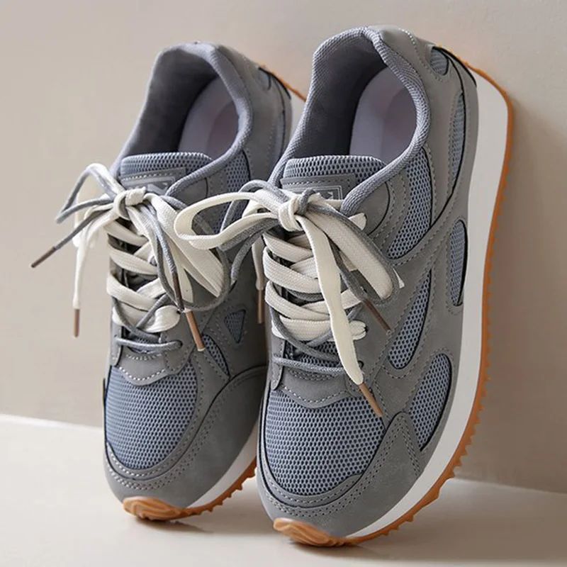 Gray Lace Up Sneakers for Women Breathable Mesh Sports Shoes Woman Autumn Winter Non Slip Soft Insole Vulcanize Shoes Mujer