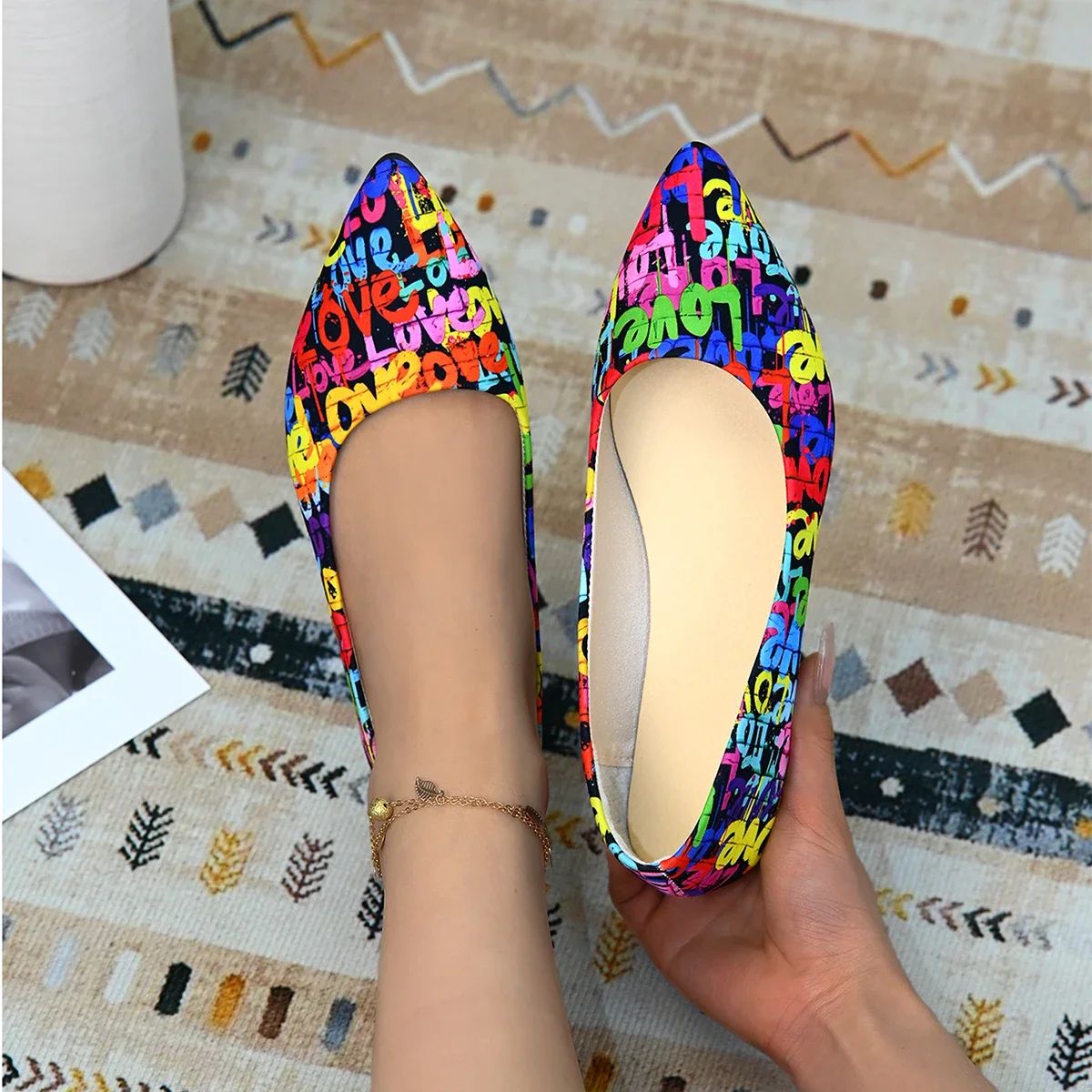 Women's Shoes Loafers Ballet Flats Pointed Toe Barefoot Slip-on Casual Flat Heel Comfortable Random Pattern Woman Shoe Size 43