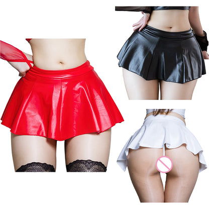 Womens Wetlook Sexy Skirt PU Leather Ruffle A-line Skirt Lingerie Nightwear Miniskirt for Party Club Music Festival Pole Dancing