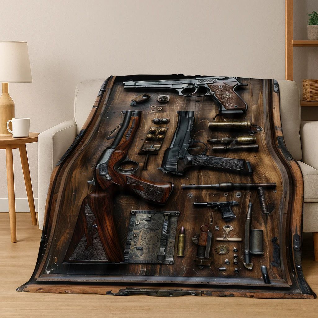 ?Tactical Rifle Print Flannel Blanket - Reversible Military-Inspired Design for Outdoor Enthusiasts Durable Warmth & Bold Style?