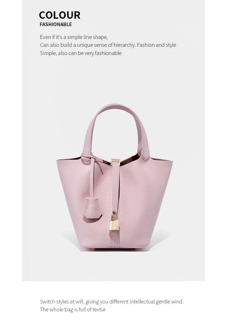 Genuine Leather Shoulder Bucket Bag Women Litchi Pattern Mini Basket Tote Soft Handbag Mommy Bride Wedding Bags with Lock