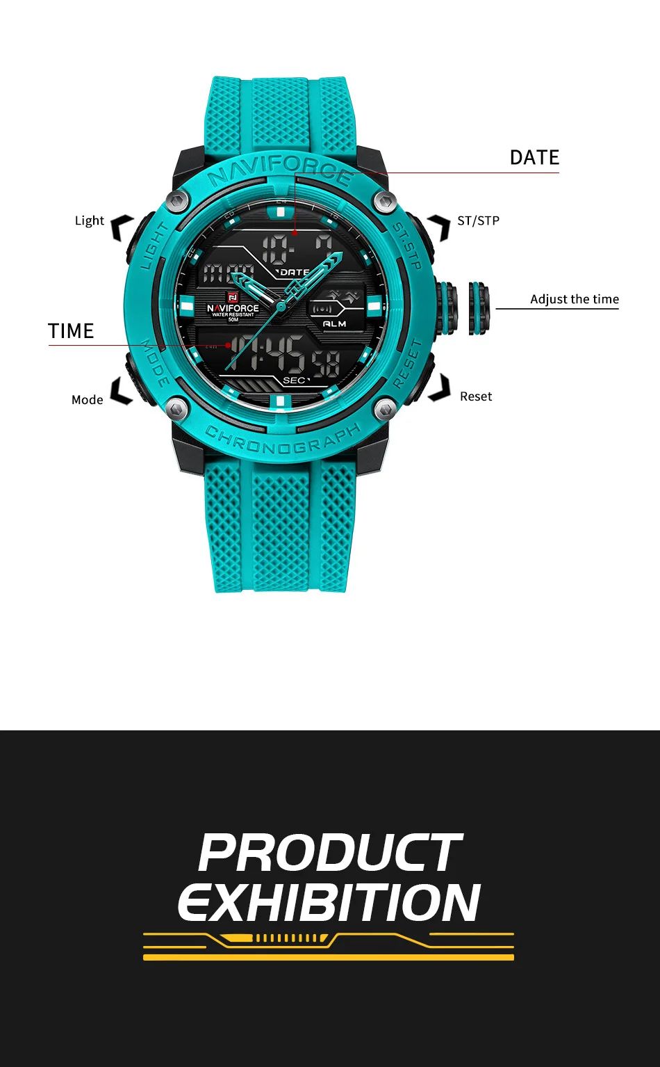 NAVIFORCE Sport Watch for Men Waterproof Dual Display Quartz Wristwatch Mens Digital Date Clock Military Stopwatch Reloj Hombre