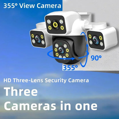 PEGATAH 6K 12MP Outdoor WiFi Camera Three Screen Three Lens 10X Zoom PTZ Automatic Tracking Audible Visual Alarm Security Cam