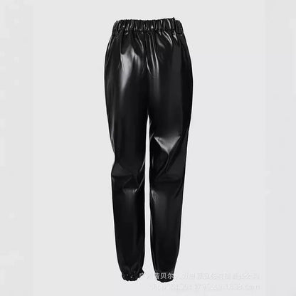 Mid Waist Pencil Leather Trousers Streetwear Black Ankle-Tied Pu Pants Women Summer Black Casual Pockets PU Pants