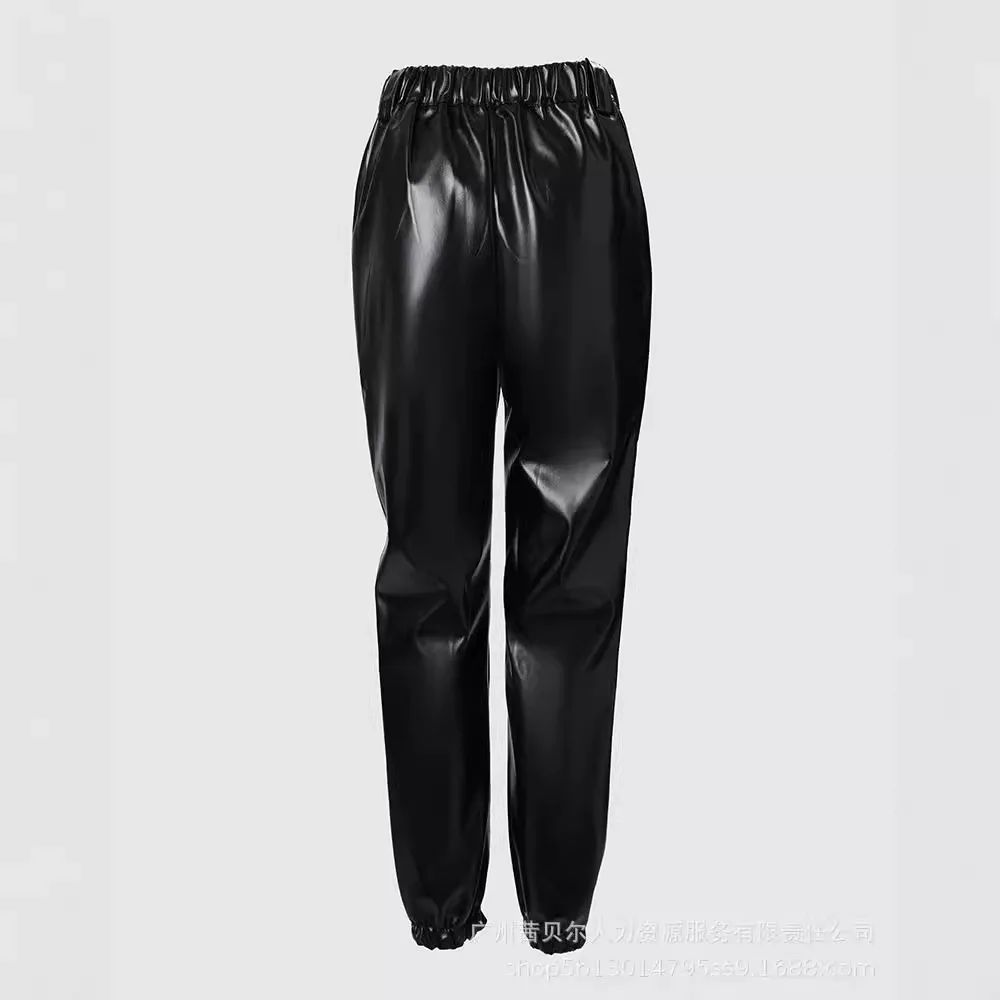 Mid Waist Pencil Leather Trousers Streetwear Black Ankle-Tied Pu Pants Women Summer Black Casual Pockets PU Pants