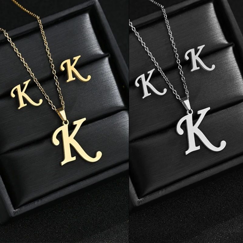 Conjunto Feminino de Colar e Brincos de Aço Inoxidável com Letra Inicial do Alfabeto A-Z - Joias Personalizadas de 26 Letras Inglesas - Presente