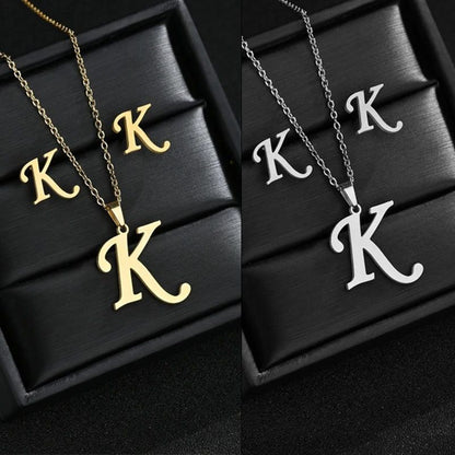 Conjunto Feminino de Colar e Brincos de Aço Inoxidável com Letra Inicial do Alfabeto A-Z - Joias Personalizadas de 26 Letras Inglesas - Presente