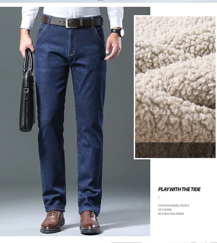 Calça Jeans Masculina de Inverno Forrada de Lã Grossa Sherpa Casual de Negócios Veludo Reta Masculina de Lã Pelúcia Clássica Elástica