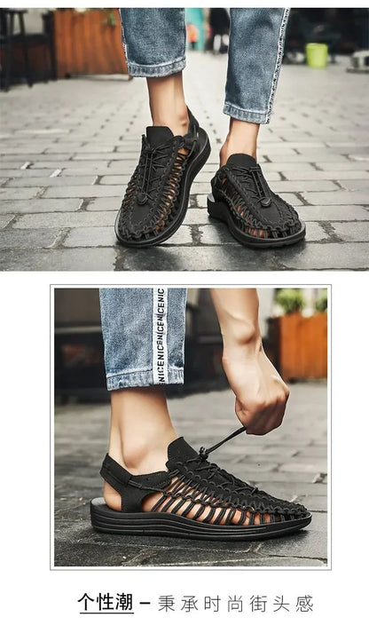 Summer Men Sandals Women Slippers Weaving Design Beach Sandals Breathable Casual Flat Sandals Outdoor Couples Sandals Size 48