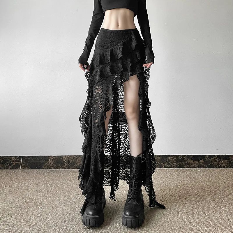Sexy High Waist Lace Ruffles Skirts Women 2025 Spring Irregular Y2k Skirts Women Fashion Black Patchwork Party Clubwear Gothic