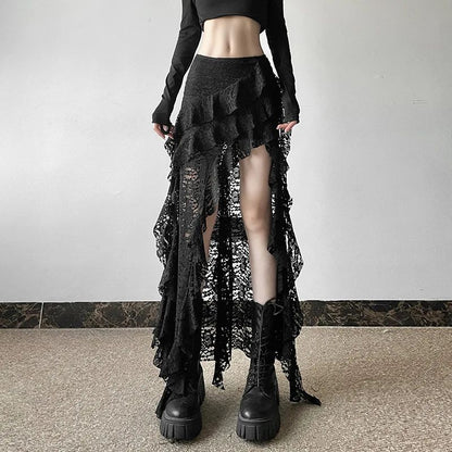 Sexy High Waist Lace Ruffles Skirts Women 2025 Spring Irregular Y2k Skirts Women Fashion Black Patchwork Party Clubwear Gothic