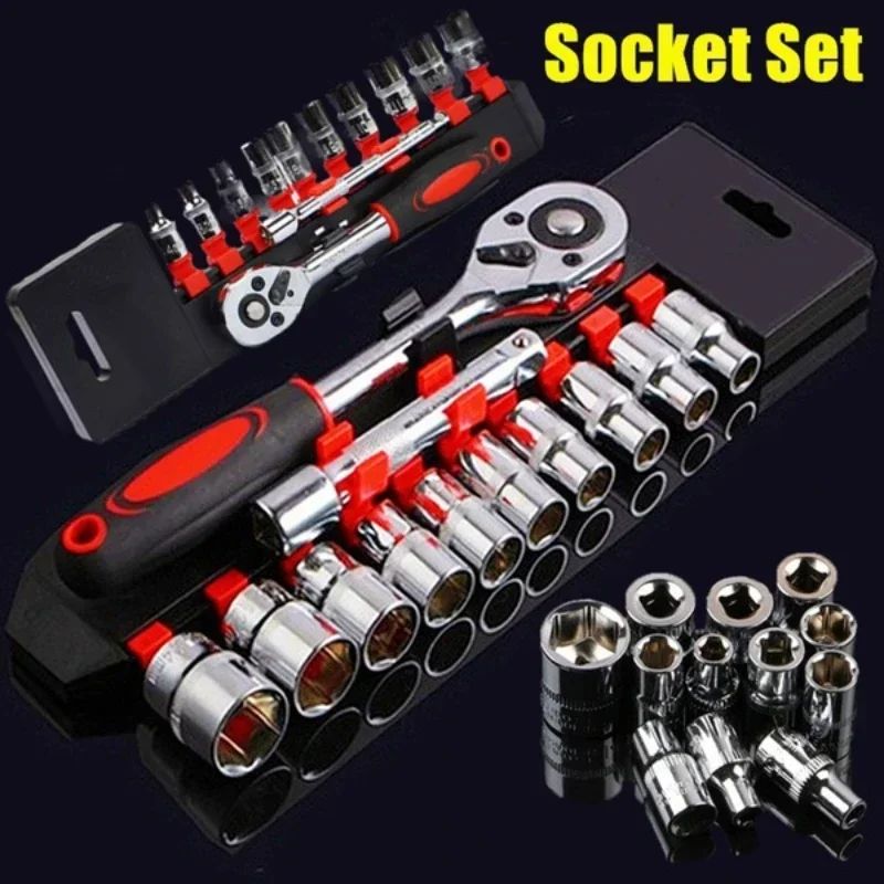 Jogo de Soquetes com Catraca de 1/4" Jogo de Soquetes de Haste de Extensão Chave Catraca Multifuncional Ferramenta Manual para Reparo de Carros e Motocicletas