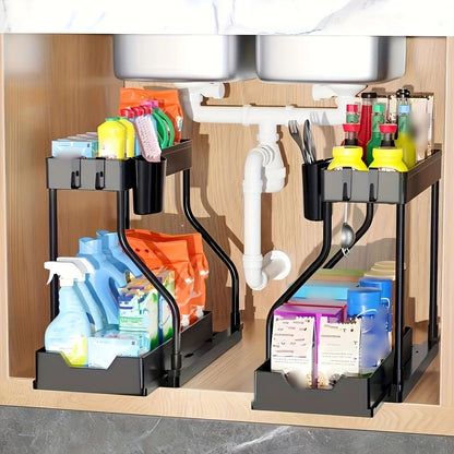 Organizador de 2 Andares para Armário de Pia, Caixa de Armazenamento Retrátil, Durável, Grande Capacidade, Essencial para Cozinha e Banheiro
