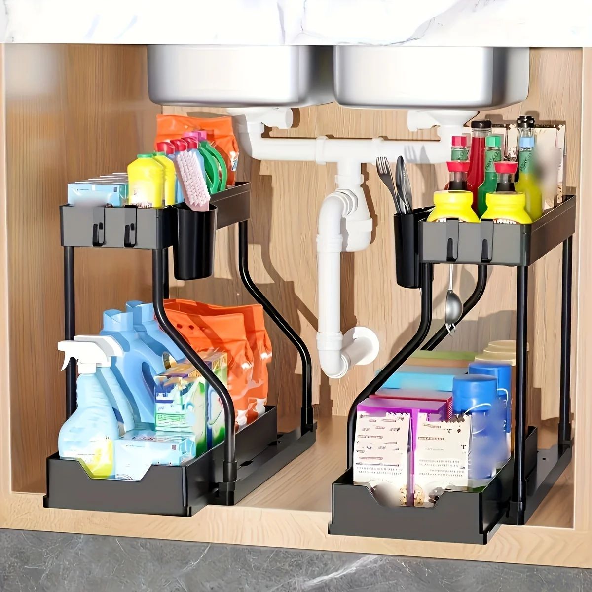 Organizador de 2 Andares para Armário de Pia, Caixa de Armazenamento Retrátil, Durável, Grande Capacidade, Essencial para Cozinha e Banheiro