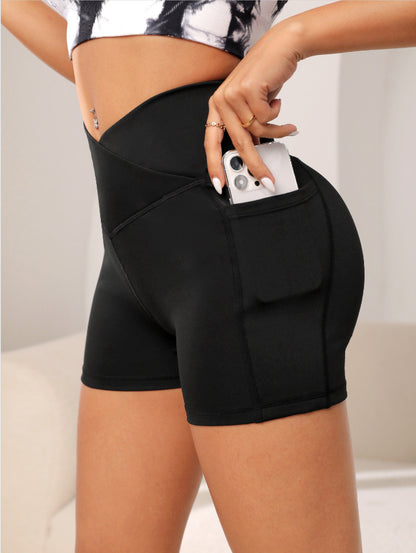 Women High Waist Yoga Sport Biker Shorts for Fitness Cross Waist Pocket Yoga Pant
