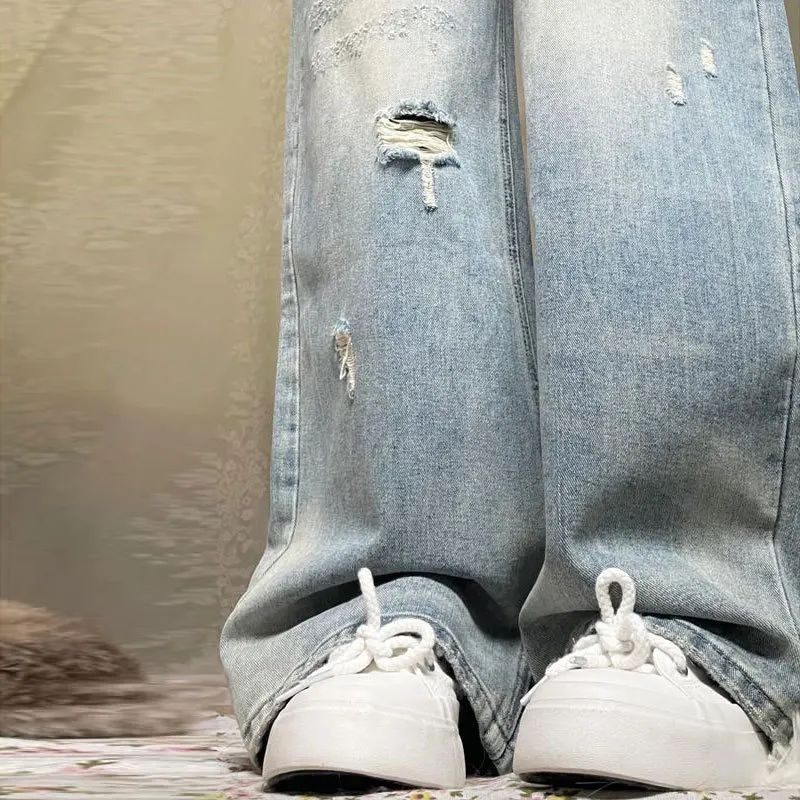 High Waist Wide Leg Straight Cut Jeans Women's Light Wear Distressed Design plus Size Pear Shape Hole Denim Pants