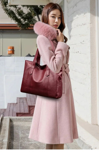 Female Big Soft Leather Satchel Bag Classic Solid Color Simple Casual Large Capacity Tote Single Shoulder Bag Purses and Handbag