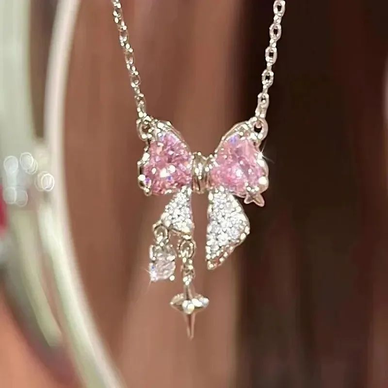 Colares de Pingente de Laço de Cristal Rosa Fada da Moda Y2K Meninas Doce Strass Coração Clavícula Cadeia Mulheres Jóias Presentes