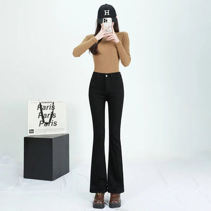 Winter Female Thin Snow Warm Plush Jeans Lady Chic Fleece Flared Pants Girls Korean High Waist Straight Leg Denim Trousers