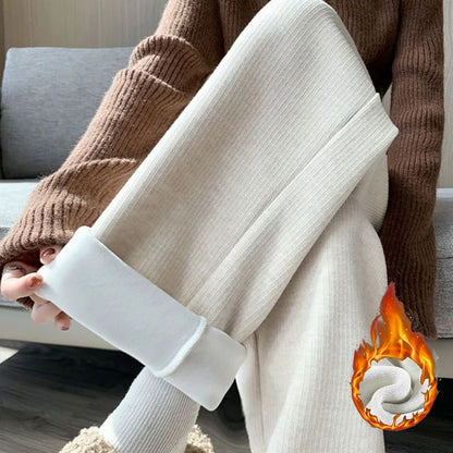 Winter Lady Korean Fashion High Waist Fleece Pants Women Slim Fit Straight Leg Plush Trousers Girls Snow Warm Casual Pants