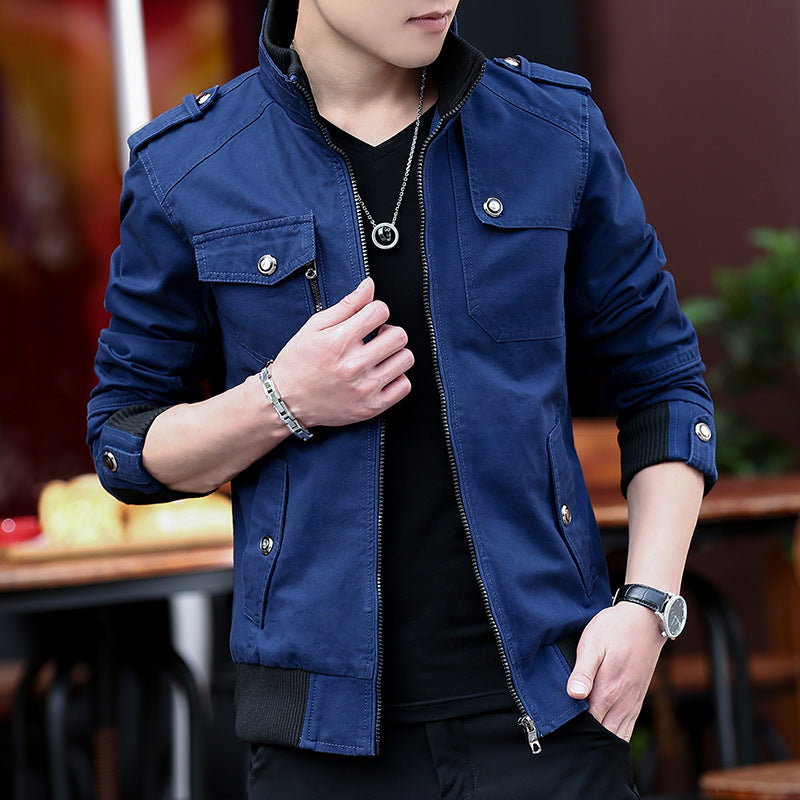 Korean Fashion Stand-up Collar Denim Cargo Coat 2023 Spring Autumn New Men's Jacket Men's Zipper Pocket Stitching Slim Jacket