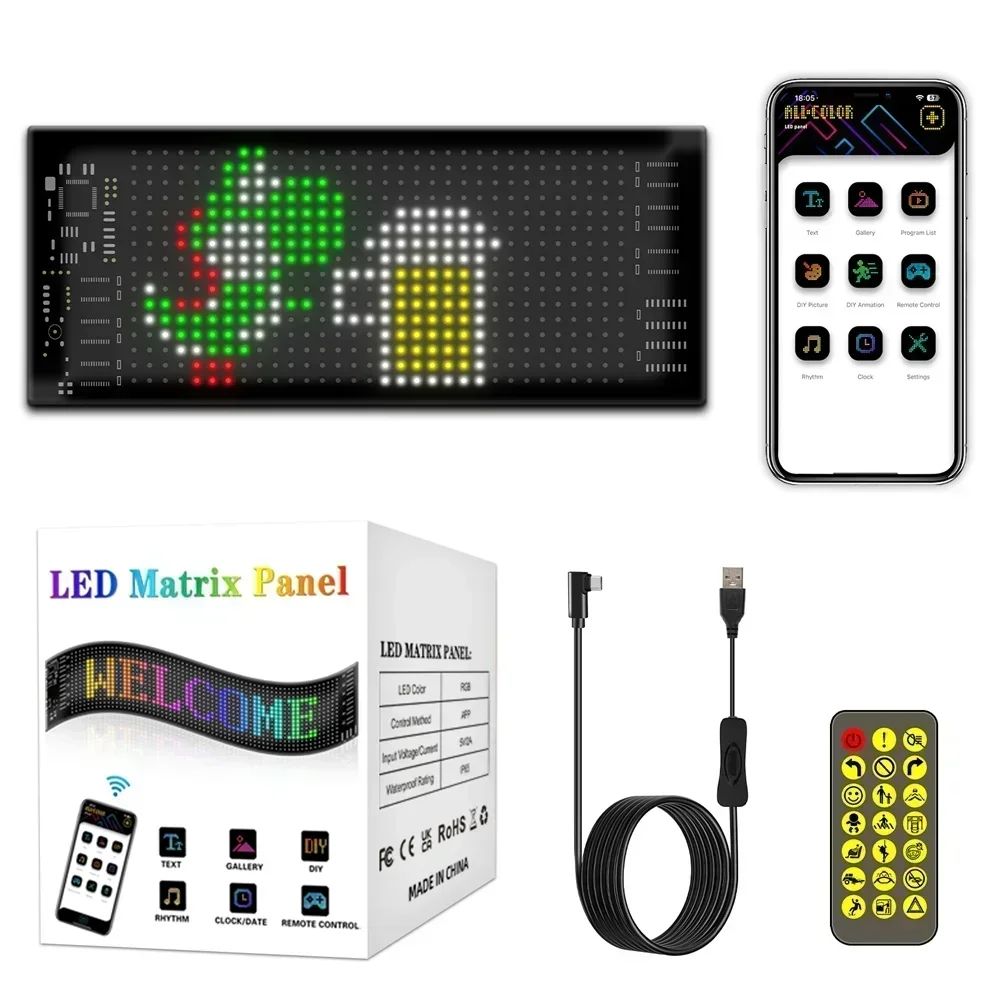 Placa de LED programável Painel de LED matricial de pixel Telas de exibição flexíveis RGB Carro Texto rolável Animação Sinalização Loja Lembrete Luz