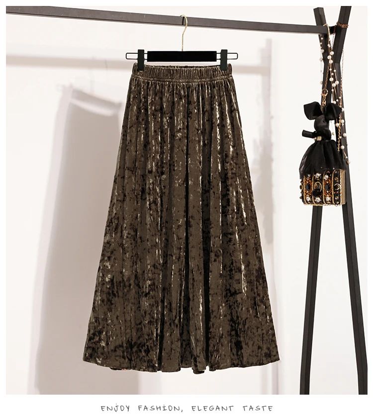 Autumn Winter Girls New A-line Velvet Skirt 2025 Plus Size Gold Velvet Half Pleated Skirt Solid Versatile High Waist Mid Skirt