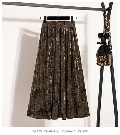 Autumn Winter Girls New A-line Velvet Skirt 2025 Plus Size Gold Velvet Half Pleated Skirt Solid Versatile High Waist Mid Skirt