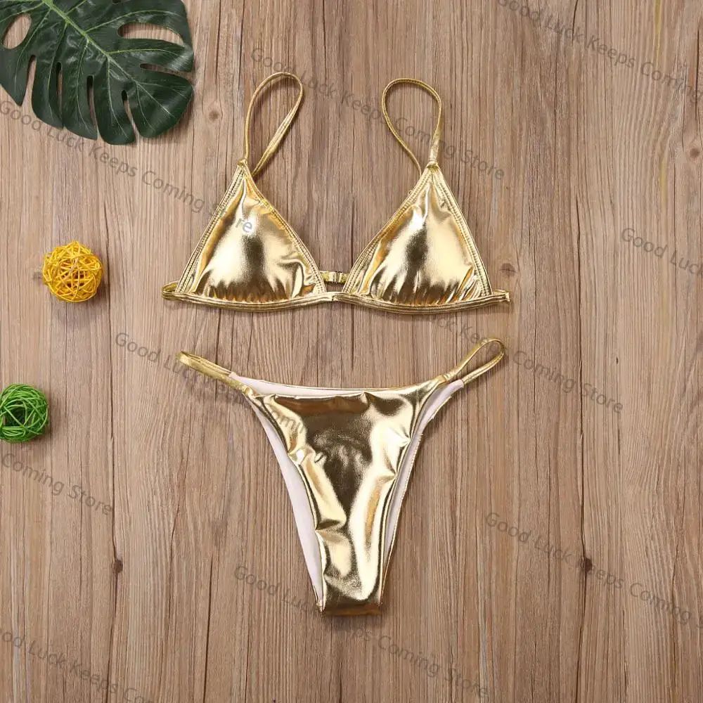 Women Sexy Thong Bikini Set Silver Gold Sequinis Biquini Swimwear 2025 Summer Push Up Padded Bra Bathing Suit Beach Wear