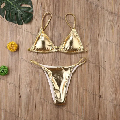 Women Sexy Thong Bikini Set Silver Gold Sequinis Biquini Swimwear 2025 Summer Push Up Padded Bra Bathing Suit Beach Wear